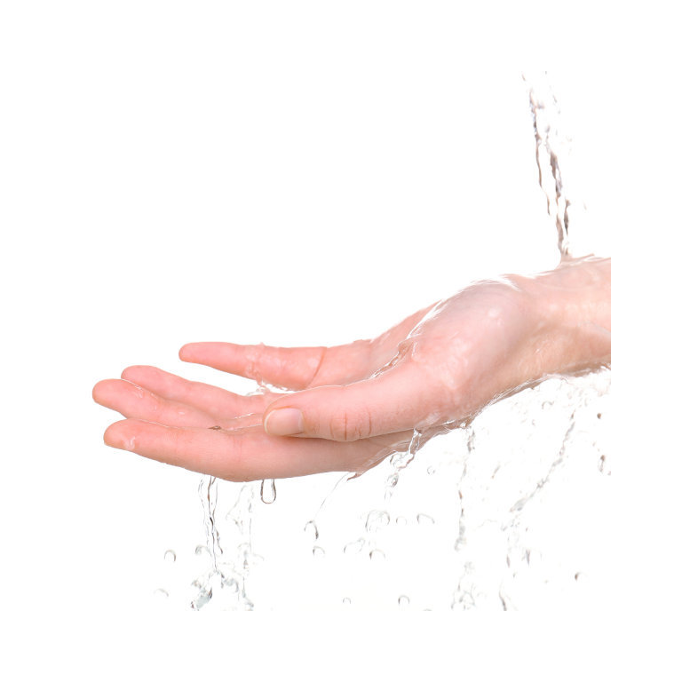 Woman's hand under running water splashing.