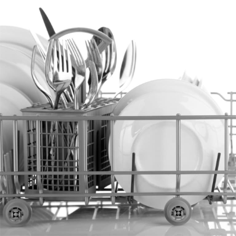 Dishwasher rack with clean dishes.